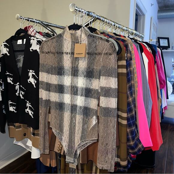 Burberry Checked Stretch-Knit Long Sleeve High Neck Bodysuit in Dark Birch Brown - Picture 9 of 17